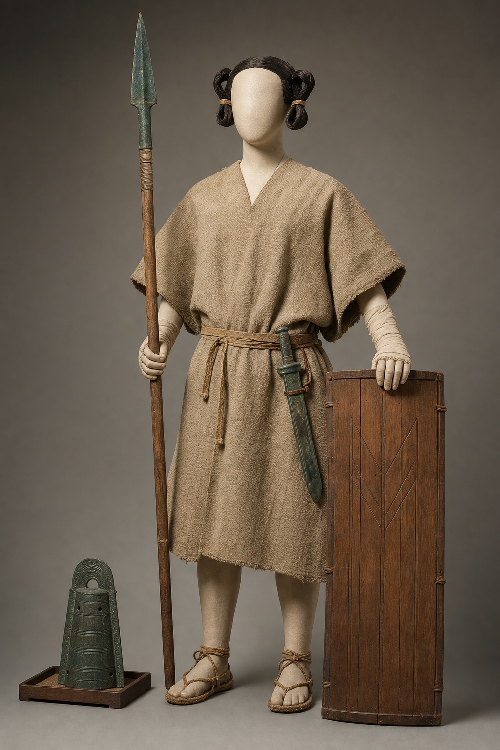 야요이 중기 복식·방패·철검 자료 (Mid-Yayoi Dress, Shield, and Iron Sword Evidence) 복식과 무장 장비 복원 이미지