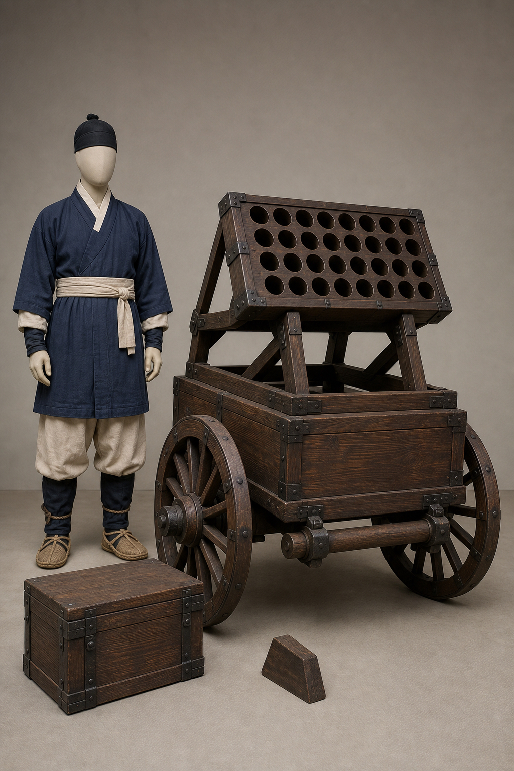1451년 문종 화차의 두 발사틀 (Munjong Hwacha, Two Launcher Types) 복식과 무장 장비 복원 이미지
