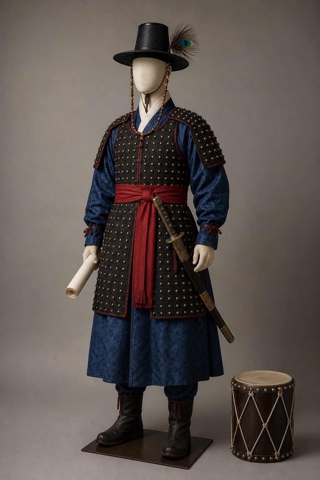 1594년 이순신 장검·조선시대 두정갑(세부 연대 미확정) 비교 (Yi Sun-sin Swords and Joseon-era Dujeonggap) 복식과 무장 장비 복원 이미지